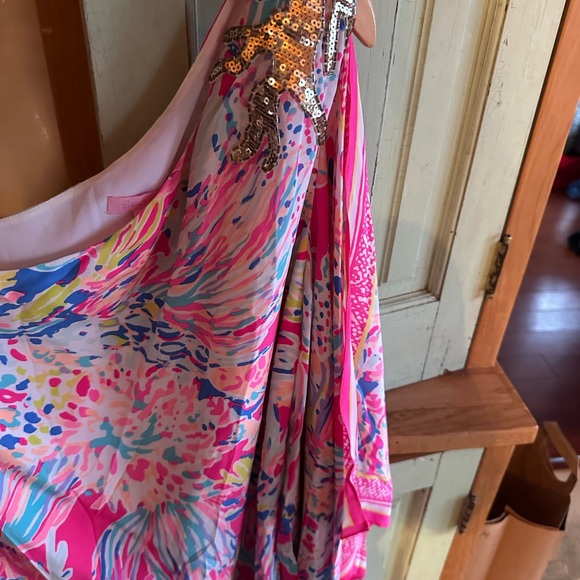 Vibrant Pink and Multicolor One-Shoulder Dress - Picture 4 of 5